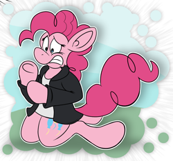 Size: 2223x2081 | Tagged: safe, artist:sketchymouse, pinkie pie, earth pony, pony, g4, anatomically incorrect, clothes, high res, human to pony, incorrect leg anatomy, jacket, kneeling, outline, solo, transformation, worried