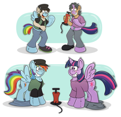 Size: 4986x4851 | Tagged: safe, artist:sketchymouse, rainbow dash, twilight sparkle, alicorn, human, inflatable pony, pegasus, pony, g4, absurd resolution, air pump, duo, human to pony, inanimate tf, inflatable, mid-transformation, outline, transformation, twilight sparkle (alicorn)