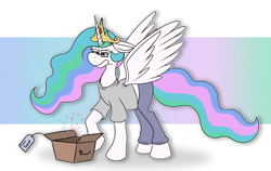 Size: 3193x2019 | Tagged: safe, artist:sketchymouse, princess celestia, alicorn, pony, g4, box, clothes, high res, human to pony, magic, outline, package, solo, transformation, unamused