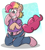 Size: 2776x3056 | Tagged: safe, artist:sketchymouse, pinkie pie, earth pony, human, inflatable pony, pony, g4, clothes, forced smile, high res, human to pony, inanimate tf, inflatable, inflation valve, kneeling, mid-transformation, outline, pants, passepartout, smiling, solo, tight clothing, transformation