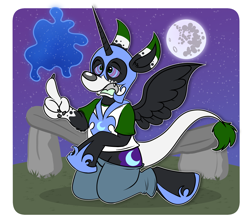 Size: 3270x2921 | Tagged: safe, artist:sketchymouse, nightmare moon, alicorn, pony, g4, armor, furry, furry to pony, high res, hypno eyes, kneeling, mid-transformation, night, outdoors, outline, passepartout, solo, transformation