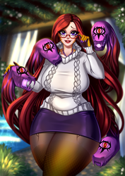 Size: 2893x4092 | Tagged: safe, artist:minamikoboyasy, oc, oc only, oc:selune darkeye, gorgon, human, humanoid, ara ara, barely pony related, big breasts, body markings, breasts, clothes, female, flower, garden, glasses, holding glasses, human female, humanized, jewelry, living hair, looking at you, markings, medusa, milf, multiple variants, nails, necklace, outdoors, pantyhose, scales, skirt, solo, sultry, sultry pose, sweater, water