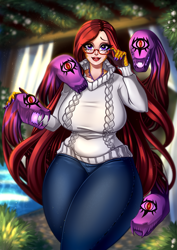 Size: 2893x4092 | Tagged: safe, alternate version, artist:minamikoboyasy, oc, oc only, oc:selune darkeye, gorgon, human, humanoid, ara ara, big breasts, body markings, breasts, clothes, denim, female, flower, garden, glasses, holding glasses, human female, humanized, jeans, jewelry, living hair, looking at you, markings, medusa, milf, multiple variants, nails, necklace, outdoors, pants, scales, solo, sultry, sultry pose, sweater, water