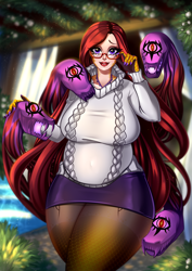 Size: 2893x4092 | Tagged: safe, alternate version, artist:minamikoboyasy, oc, oc only, oc:selune darkeye, gorgon, human, humanoid, ara ara, big breasts, body markings, breasts, clothes, female, flower, garden, glasses, holding glasses, human female, humanized, jewelry, living hair, looking at you, markings, medusa, milf, multiple variants, nails, necklace, outdoors, pantyhose, pregnant, pregnant edit, scales, skirt, solo, sultry, sultry pose, sweater, water