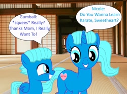 Size: 2576x1909 | Tagged: safe, artist:memeartboi, pegasus, pony, unicorn, g4, bonding, colt, cute, duo, duo male and female, excited, female, foal, grin, gumball watterson, happy, heart, horn, indoors, karate, learning, little boy, male, mare, mother, mother and child, mother and son, motherly, nicole watterson, pegasus wings, ponified, smiling, speech bubble, squee, standing, text, the amazing world of gumball, unicorn horn, wholesome, wings