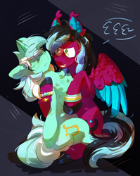 Size: 2550x3200 | Tagged: safe, artist:pakmur, lyra heartstrings, oc, oc:razzmatazz gleam, pegasus, pony, unicorn, g4, bracelet, canon x oc, chest fluff, commission, duo, ear fluff, eyes closed, fangs, horn, shipping, two toned background, wings, ych result