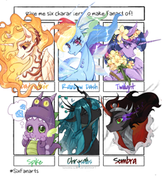 Size: 1869x2048 | Tagged: safe, artist:kekoma, daybreaker, king sombra, queen chrysalis, rainbow dash, spike, twilight sparkle, alicorn, changeling, changeling queen, dragon, pegasus, pony, seapony (g4), unicorn, g4, baby, baby dragon, bust, cape, clothes, cute, dorsal fin, dragon costume, female, fin, fin ears, fin wings, fins, fish tail, flower, flower in hair, flowing mane, flowing tail, gem, grin, horn, looking at you, male, mare, multiple characters, out of frame, scales, seaponified, seapony rainbow dash, simple background, six fanarts, smiling, species swap, spikabetes, stallion, tail, text, thought bubble, twilight sparkle (alicorn), white background, wingless spike, wings