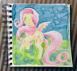 Size: 2048x1896 | Tagged: safe, artist:fleebites, fluttershy, pegasus, pony, g4, female, mare, solo, spread wings, traditional art, watercolor painting, wings