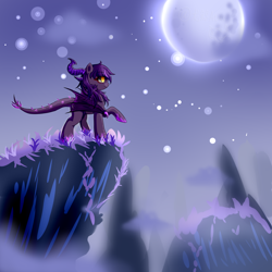 Size: 4096x4096 | Tagged: safe, artist:dw_atias, oc, oc only, oc:nightscale, dracony, hybrid, cliff, female, horns, moon, night, outdoors, raised hoof, slit pupils, solo, stars