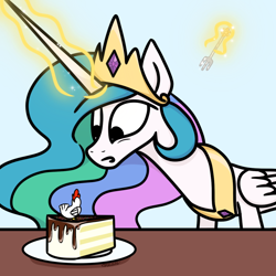 Size: 1080x1080 | Tagged: safe, artist:astralune, princess celestia, alicorn, bird, chicken, pony, g4, cake, cakelestia, chocolate cake, crown, ethereal mane, eye twitch, folded wings, food, fork, indecision, jewelry, magic, peytral, plate, regalia, simple background, solo, sprinkles, table, telekinesis, that pony sure does love cakes, that princess sure is afraid of chickens, wings