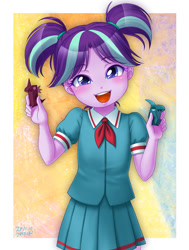 Size: 905x1200 | Tagged: safe, artist:uotapo, starlight glimmer, human, equestria girls, g4, alternate hairstyle, blushing, board game, clothes, cute, dragon pit, glimmerbetes, looking at you, passepartout, pigtails, school uniform, skirt, smiling, smiling at you, solo, twintails, uotapo is trying to murder us, younger