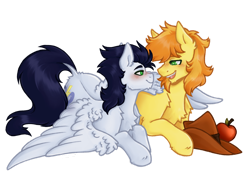 Size: 1280x982 | Tagged: safe, artist:kazmuun, braeburn, soarin', earth pony, pegasus, pony, apple, blue mane, blue tail, blush lines, blushing, braeburn's hat, butt fluff, cheek fluff, chest fluff, chin fluff, colored lineart, commission, cowboy hat, duo, duo male, ear fluff, feathered wings, fluffy, food, gay, green eyes, hat, heart, heart eyes, leonine tail, lidded eyes, light blue coat, looking at each other, looking at someone, lying down, male, open mouth, open smile, orange mane, profile, prone, shiny mane, shiny tail, ship:soarburn, shipping, shoulder fluff, signature, simple background, smiling, smiling at each other, stallion, stetson, tail, transparent background, turned head, two toned mane, white pupils, wing fluff, wingding eyes, wings, wings down, yellow coat