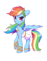 Size: 1616x2093 | Tagged: safe, artist:kaf_pone, idw, rainbow dash, pegasus, pony, g4, my little pony classics reimagined: the odyssey, atalanta, blushing, chiton, clothes, cute, dashabetes, female, greek, greek clothes, greek mythology, looking at you, mare, simple background, smiling, smirk, solo, wings