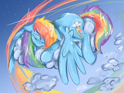 Size: 2160x1620 | Tagged: safe, artist:cheezyneedz, rainbow dash, pegasus, pony, g4, backwards cutie mark, cloud, eyes closed, female, mare, on a cloud, outdoors, procreate app, sky, sleeping, sleeping on a cloud, solo, spread wings, wings, wings down