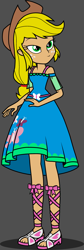 Size: 1477x4400 | Tagged: safe, alternate version, artist:dragonkingamn, edit, applejack, human, equestria girls, g4, applejack's hat, arm band, belt, blonde hair, clothes, clothes swap, cowboy hat, cutie mark on clothes, dress, fluttershy boho dress, freckles, green eyes, grin, hat, leg wraps, lidded eyes, low ponytail, open-toed shoes, orange skin, pink laced sandals, ribbon, sleeveless, smiling, stetson