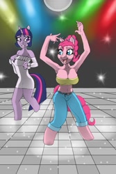 Size: 682x1024 | Tagged: safe, artist:celticdog, pinkie pie, twilight sparkle, earth pony, unicorn, anthro, unguligrade anthro, g4, armpits, arms in the air, belly, belly button, big breasts, breasts, busty pinkie pie, clothes, dancing, denim, disco, disco ball, female, horn, jeans, pants, sweater dress, tube top, unicorn twilight