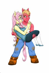 Size: 682x1024 | Tagged: safe, artist:celticdog, big macintosh, fluttershy, earth pony, pegasus, anthro, unguligrade anthro, g4, big breasts, boots, breasts, bridal carry, busty fluttershy, carrying, clothes, denim, dirt, female, hammer, hay stalk, jeans, looking at each other, looking at someone, male, pants, ship:fluttermac, shipping, shoes, simple background, smiling, smiling at each other, socks, straight, straw in mouth, sweater puppies, sweater vest, tank top, tools, white background