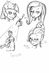 Size: 682x1024 | Tagged: safe, artist:celticdog, fluttershy, twilight sparkle, alicorn, angel, pegasus, anthro, g4, alternate hairstyle, blushing, female, glasses, grayscale, grin, halo, heart, knock out, lesbian, monochrome, ship:twishy, shipping, sketch, smiling, twilight sparkle (alicorn), updo