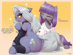 Size: 4000x3000 | Tagged: safe, artist:redvais, boulder (g4), limestone pie, maud pie, earth pony, pony, g4, black eyeshadow, butt, choker, clothes, comb, dialogue, dress, duo, ear piercing, eyes closed, eyeshadow, female, gradient background, helluva boss, large butt, leggings, lidded eyes, limestonebutt, loona (helluva boss), makeup, mare, mouth hold, piercing, plot, shirt, siblings, sisters, sitting, smiling, spiked choker, t-shirt, when she smiles