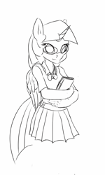 Size: 768x1280 | Tagged: safe, artist:celticdog, twilight sparkle, alicorn, anthro, g4, book, bowtie, clothes, crossed arms, female, glasses, grayscale, lineart, monochrome, simple background, skirt, smiling, solo, sweater vest, twilight sparkle (alicorn), white background