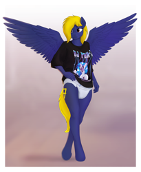 Size: 4720x5767 | Tagged: safe, artist:edrian, dj pon-3, vinyl scratch, oc, oc only, oc:naveen numbers, pegasus, anthro, unguligrade anthro, g4, black shirt, breasts, clothes, design, diaper, diaper fetish, diapered, female, fetish, gradient background, hair over one eye, hand on hip, implied tail hole, mare, no pants, non-baby in diaper, passepartout, shirt, shirt design, solo, spread wings, t-shirt, wings