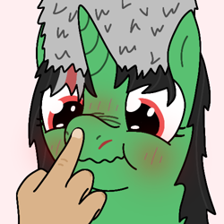 Size: 500x500 | Tagged: safe, artist:hach, oc, oc only, oc:terek flow, human, pony, unicorn, blushing, boop, chechen republic of ichkeria, chechnya, cute, female, hand, hat, horn, mare, nation ponies, nose wrinkle, offscreen character, papakha, ponified, scar, scrunchy face, simple background, solo focus