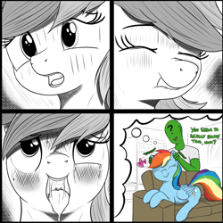 Size: 3150x3150 | Tagged: safe, artist:eels, rainbow dash, oc, oc:anon, human, pegasus, pony, 4 panel comic, ahegao, comic, couch, ear scratch, human on pony petting, lewd thoughts, lying down, open mouth, petting, prone, tongue out