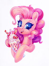 Size: 966x1300 | Tagged: safe, artist:maytee, part of a set, pinkie pie, earth pony, pony, g4, bust, colored pencil drawing, drink, female, food, looking at you, mare, milkshake, open mouth, open smile, portrait, simple background, smiling, smiling at you, solo, strawberry, traditional art, white background