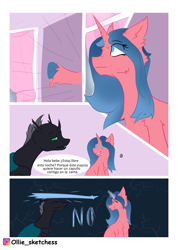 Size: 2780x3908 | Tagged: safe, artist:ollie sketchess, oc, unnamed oc, changeling, pony, unicorn, changeling oc, comic, commission, horn, spanish