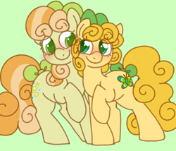 Size: 700x600 | Tagged: safe, artist:php193, junebug, oc, oc:hallow boon, earth pony, pony, g4, bow, curly mane, curly tail, cute, duo, duo female, female, green background, hair bow, orange coat, orange mane, simple background, tail, tail bow, wingding eyes