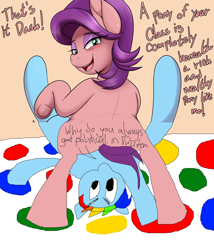 Size: 1712x2000 | Tagged: safe, artist:an-tonio, edit, editor:anonymous, rainbow dash, spoiled rich, earth pony, pegasus, pony, g4, 1000 hours in ms paint, butt, explicit description, female, lying down, misleading thumbnail, not porn, nudity, plot, sfw edit, text, twister