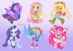 Size: 1440x1017 | Tagged: safe, artist:kaylostation, applejack, fluttershy, pinkie pie, rainbow dash, rarity, twilight sparkle, alicorn, earth pony, pegasus, unicorn, anthro, plantigrade anthro, g4, action pose, alternate hairstyle, apple, applejack's hat, bandana, bangs, big eyes, blonde hair, blonde mane, blue bow, blue eyelashes, blue eyes, blue eyeshadow, blue fur, blue pupils, blush lines, blushing, bonnet, boots, bow, braid, braided pigtails, brown eyelashes, cardigan, chibi, clenched fist, clothes, colored eyebrows, colored eyelashes, colored pupils, colored wings, cowboy hat, crocs, curly hair, curly mane, cutie mark eyes, cutie mark on clothes, denim, dress, ear piercing, earring, eyelashes, eyeshadow, feather boa, finger to mouth pose, floppy ears, food, gradient background, gradient ears, gradient eyes, gradient horn, gradient wings, green dress, green eyes, green pupils, group, hair accessory, hair bow, hand on hip, hat, high heels, holding, horn, jacket, jewelry, long hair, long mane, looking at you, looking away, magenta eyelashes, magenta pupils, makeup, mane accessory, mane six, mary janes, multicolored hair, multicolored mane, narrowed eyes, neckerchief, one eye closed, open mouth, open smile, orange fur, overalls, piercing, pigtails, pink eyes, pink fur, pink hair, pink mane, pose, puffy sleeves, purple coat, purple eyes, purple fur, purple hair, purple mane, purple pupils, purple stockings, rah rah skirt, rainbow hair, raised arms, raised hand, ringlets, rolled up sleeves, scarf, sextet, shirt, shoes, short hair, short hair rainbow dash, short mane, shorts, skirt, smiling, smiling at you, sneakers, socks, spiky hair, spiky mane, spread wings, stetson, stockings, straight hair, straight mane, sweater, tail, tank top, teal eyes, thigh highs, thinking, three quarter view, three toned hair, three toned mane, tied hair, tied mane, tied tail, twilight sparkle (alicorn), unicorn horn, walking, wall of tags, watermark, white fur, wingding eyes, wings, wink, wristband, yellow coat, yellow fur