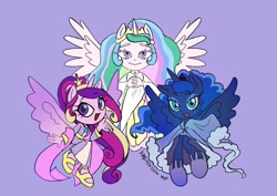 Size: 1440x1017 | Tagged: safe, artist:kaylostation, princess cadance, princess celestia, princess luna, alicorn, anthro, plantigrade anthro, g4, alicorn triarchy, alternate hairstyle, blue coat, blue eyes, blue eyeshadow, blue fur, bunny slippers, chibi, clothes, colored eyebrows, colored eyelashes, colored pupils, colored wings, crown, curly hair, curly mane, cyan eyes, dress, eyeshadow, female, flying, gradient eyes, gradient wings, hands together, heart, heart eyes, horn, jewelry, long hair, long mane, makeup, multicolored hair, multicolored mane, nightgown, open mouth, open smile, pink coat, pink fur, ponytail, pose, purple background, purple eyelashes, purple eyes, purple pupils, raised arm, regalia, robe, royal sisters, sandals, sash, shoes, siblings, signature, simple background, sisters, slippers, smiling, spread wings, stockings, thigh highs, three quarter view, three toned mane, three toned tail, tied hair, tied mane, two toned hair, two toned mane, unicorn horn, wall of tags, white coat, white fur, wingding eyes, wings