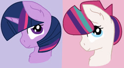 Size: 804x442 | Tagged: safe, artist:jadeharmony, twilight sparkle, zipp storm, pegasus, pony, unicorn, g4, g5, base used, bust, duo, duo female, female, horn, mare, portrait, smiling, zipp and her 2nd heroine