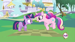 Size: 640x360 | Tagged: safe, screencap, princess cadance, twilight sparkle, alicorn, pony, unicorn, a canterlot wedding, g4, my little pony: friendship is magic, season 2, canterlot, duo, female, filly, filly twilight sparkle, hub logo, logo, outdoors, sunshine sunshine, teen princess cadance, the hub, unicorn twilight, younger