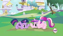 Size: 640x360 | Tagged: safe, screencap, princess cadance, twilight sparkle, alicorn, pony, unicorn, a canterlot wedding, g4, my little pony: friendship is magic, season 2, canterlot, duo, female, filly, filly twilight sparkle, hub logo, logo, outdoors, sunshine sunshine, teen princess cadance, the hub, unicorn twilight, younger