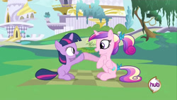 Size: 640x360 | Tagged: safe, screencap, princess cadance, twilight sparkle, alicorn, pony, unicorn, a canterlot wedding, g4, my little pony: friendship is magic, season 2, canterlot, duo, female, filly, filly twilight sparkle, hub logo, logo, outdoors, sunshine sunshine, teen princess cadance, the hub, unicorn twilight, younger