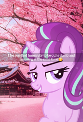 Size: 1622x2388 | Tagged: safe, artist:cezaryy, artist:trrrebleee, edit, vector edit, starlight glimmer, pony, unicorn, g4, caption, cherry blossoms, female, flower, flower blossom, horn, japan, mare, meme, real life background, s5 starlight, snapchat, solo, text, vector