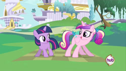 Size: 640x360 | Tagged: safe, screencap, princess cadance, twilight sparkle, alicorn, pony, unicorn, a canterlot wedding, g4, my little pony: friendship is magic, season 2, canterlot, duo, female, filly, filly twilight sparkle, hub logo, logo, outdoors, sunshine sunshine, teen princess cadance, the hub, unicorn twilight, younger