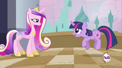 Size: 640x360 | Tagged: safe, screencap, princess cadance, queen chrysalis, twilight sparkle, alicorn, pony, unicorn, a canterlot wedding, g4, my little pony: friendship is magic, season 2, canterlot, concave belly, disguise, disguised changeling, duo, fake cadance, female, height difference, hub logo, logo, mare, physique difference, slender, sunshine sunshine, the hub, thin, unicorn twilight