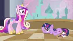 Size: 640x360 | Tagged: safe, screencap, princess cadance, queen chrysalis, twilight sparkle, alicorn, pony, unicorn, a canterlot wedding, g4, my little pony: friendship is magic, season 2, canterlot, concave belly, duo, fake cadance, female, height difference, hub logo, logo, mare, physique difference, slender, sunshine sunshine, the hub, thin, unicorn twilight