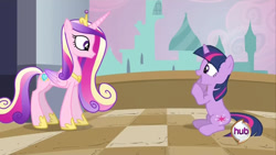 Size: 640x360 | Tagged: safe, screencap, princess cadance, queen chrysalis, twilight sparkle, alicorn, pony, unicorn, a canterlot wedding, g4, my little pony: friendship is magic, season 2, canterlot, concave belly, duo, fake cadance, female, height difference, horn, hub logo, logo, physique difference, slender, sunshine sunshine, the hub, thin, unicorn twilight