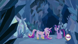 Size: 640x360 | Tagged: safe, screencap, princess cadance, twilight sparkle, alicorn, pony, unicorn, a canterlot wedding, g4, my little pony: friendship is magic, season 2, cave, crystal caverns, duo, female, hub logo, logo, mare, physique difference, slender, sunshine sunshine, the hub, thin, underground, unicorn twilight