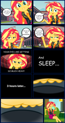 Size: 1698x3225 | Tagged: safe, artist:paco777yuyu, sunset shimmer, human, equestria girls, g4, coffee mug, comic, couch, dialogue, emanata, feet, female, fetish, foot fetish, hypnosis, mug, offscreen character, pendulum, pendulum swing, pov