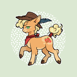 Size: 1000x1000 | Tagged: safe, artist:sokodraws, artist:sokoistrying, applejack, earth pony, pony, g4, alternate cutie mark, bandana, cloven hooves, coat markings, countershading, cowboy hat, facial markings, feathered hat, female, hat, mare, mealy mouth (coat marking), pale belly, redesign, socks (coat markings), solo, tail, tail wrap