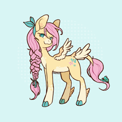 Size: 1000x1000 | Tagged: safe, artist:sokodraws, artist:sokoistrying, fluttershy, pegasus, pony, g4, alternate cutie mark, alternate design, bandana, base used, braid, cloven hooves, coat markings, countershading, facial markings, feathered fetlocks, female, leonine tail, looking at you, mare, mealy mouth (coat marking), pale belly, redesign, small wings, smiling, smiling at you, socks (coat markings), solo, spread wings, standing, stray strand, tail, tail feathers, turned head, wings