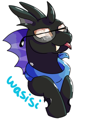 Size: 1240x1754 | Tagged: safe, artist:galactichooves, oc, oc only, oc:wasisi, changeling, g4, :p, badge, brown eyes, bust, clothes, cute, fanart, fangs, forked tongue, gift art, glasses, happy, horn, looking at you, scarf, silly, simple background, solo, text, tongue out, transparent background