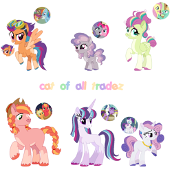 Size: 1280x1280 | Tagged: safe, artist:cat-of-all-trades, applejack, big macintosh, fluttershy, maud pie, pinkie pie, rainbow dash, rarity, scootaloo, shining armor, sweetie belle, twilight sparkle, zephyr breeze, oc, oc only, earth pony, pegasus, unicorn, g4, bandaid, bandaid on nose, base used, braid, braided tail, concave belly, cowboy hat, diverse body types, female, fetlock tuft, filly, foal, goggles, goggles on head, gradient mane, gradient tail, hat, height difference, horn, horn markings, jewelry, magical lesbian spawn, markings, missing cutie mark, necklace, next generation, no cutie marks because im lazy, offspring, parent:applejack, parent:big macintosh, parent:rainbow dash, parent:scootaloo, parent:shining armor, parent:twilight sparkle, parents:applemac, parents:pinkiemaud, parents:raribelle, parents:scootadash, parents:shining sparkle, parents:zephyrshy, physique difference, product of incest, signature, single lined, slender, tail, teenager, thin, unshorn fetlocks, watermark, wing markings