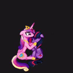 Size: 3000x3000 | Tagged: safe, artist:neonstrider, princess cadance, twilight sparkle, alicorn, pony, g4, colored, colored sketch, concave belly, crown, crying, crylight sparkle, dark background, dark grey background, duo, duo female, eyebrows, eyes closed, female, gray background, height difference, hoof shoes, hug, jewelry, mare, peytral, princess shoes, regalia, simple background, sisters-in-law, sitting, sketch, slender, thin, twilight sparkle (alicorn)