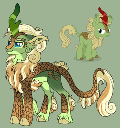 Size: 1280x1356 | Tagged: safe, artist:malinraf1615, forest fall, kirin, g4, alternate design, alternate horn color, chest fluff, cloven hooves, colored hooves, countershading, gradient horn, gradient legs, gradient mane, gradient tail, green background, hock fluff, hooves, horn, leg fluff, leonine tail, male, pale belly, redesign, simple background, solo, standing, tail, unshorn fetlocks